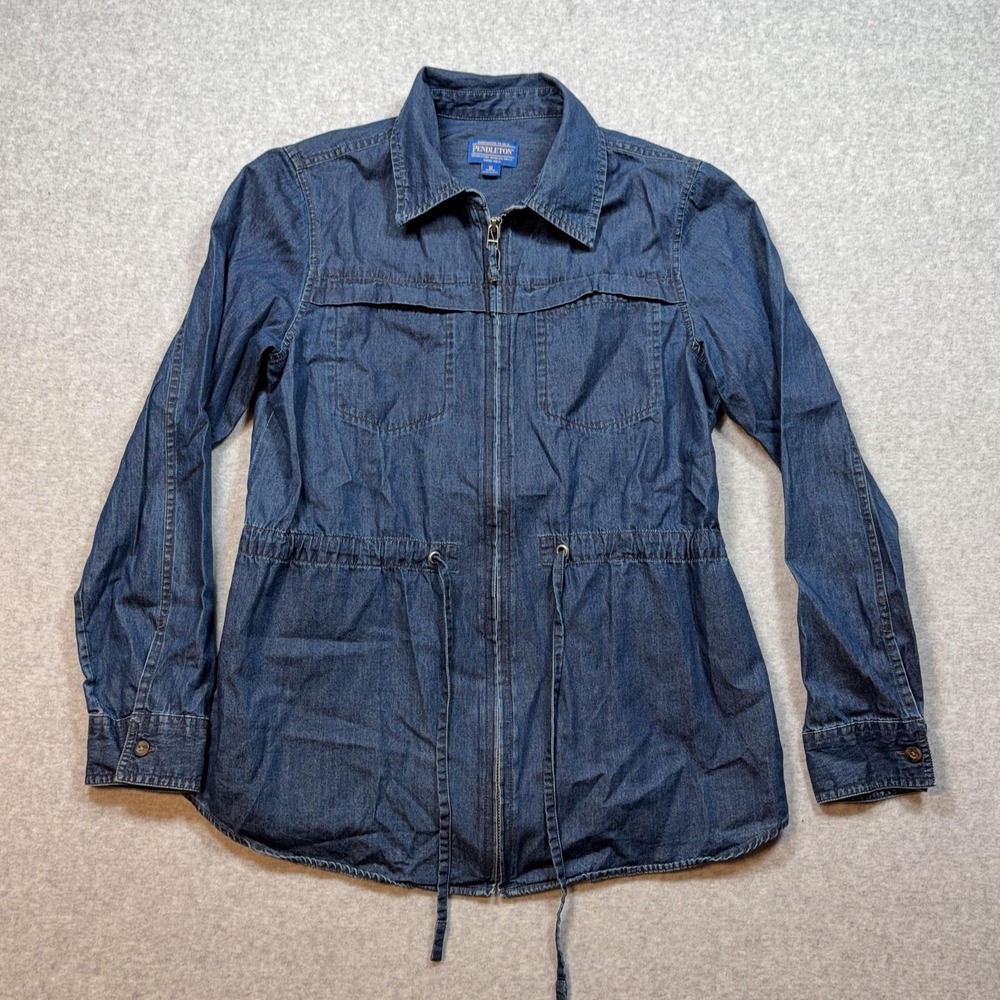 Pendleton Jacket Womens Petite Medium Blue Denim Full Zip Drawstring Waist